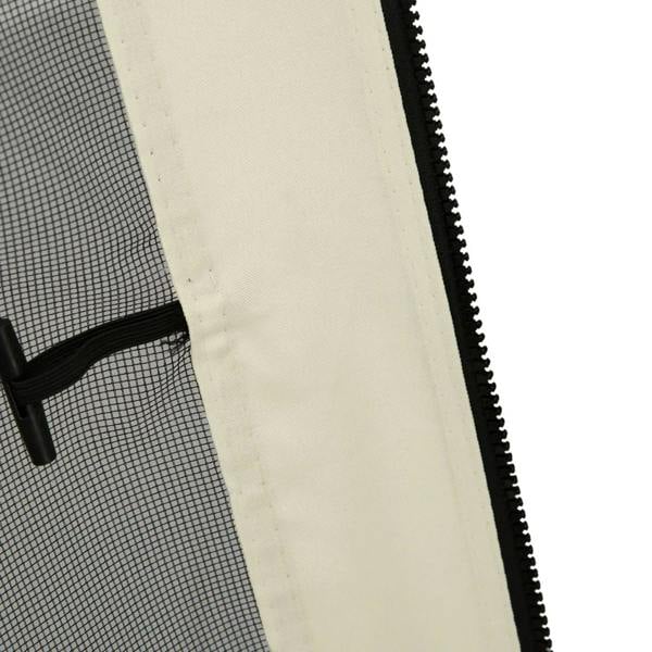 Close-up of cream white mesh sidewall netting edge with black trim stitching