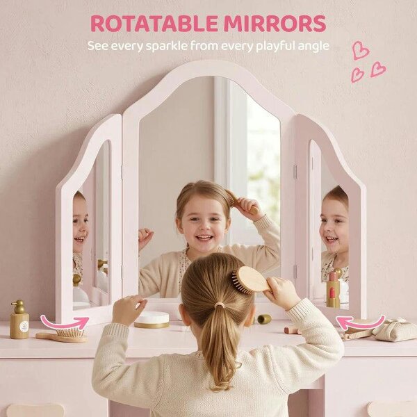 Kids Dressing Table, Kids Vanity Table and Chair Set with Tri-Folding Mirror, 2 Drawers, 2 Cabinets for Girls 3+, Pink