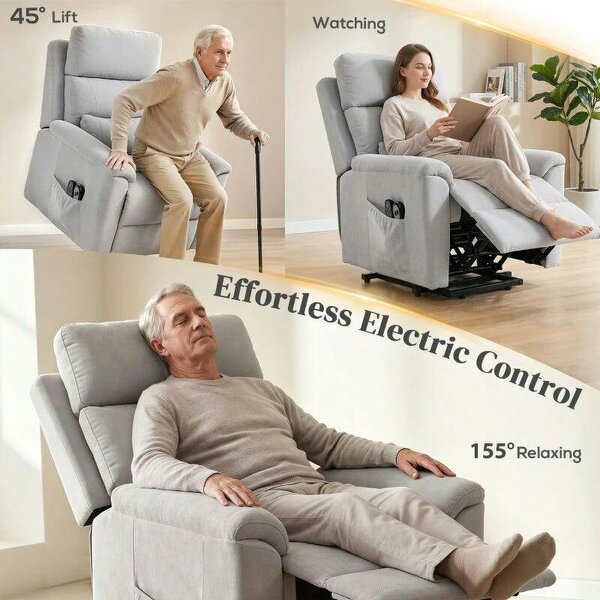 Power lift recliner chair with Massage and Heat, Terry Cloth Electric Lift Chair with Spring Cushion, Light Grey