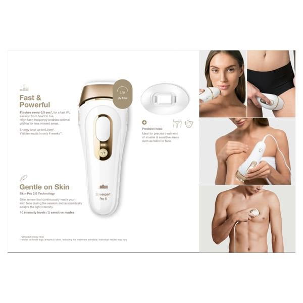 Braun IPL Silk-Expert Pro 5, At Home Hair Removal Device with Pouch, White/Gold, PL5124