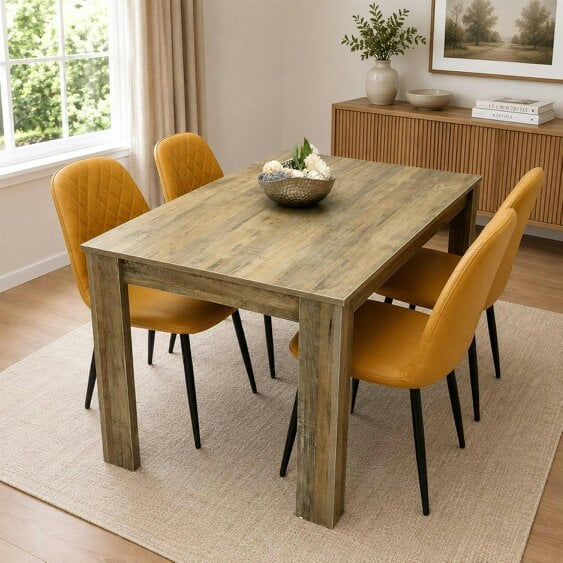 Kosy Koala Rustic Effect Wooden Dining Table Set with 4 Mustard Gem Pattern Chairs Modern Dining Furniture