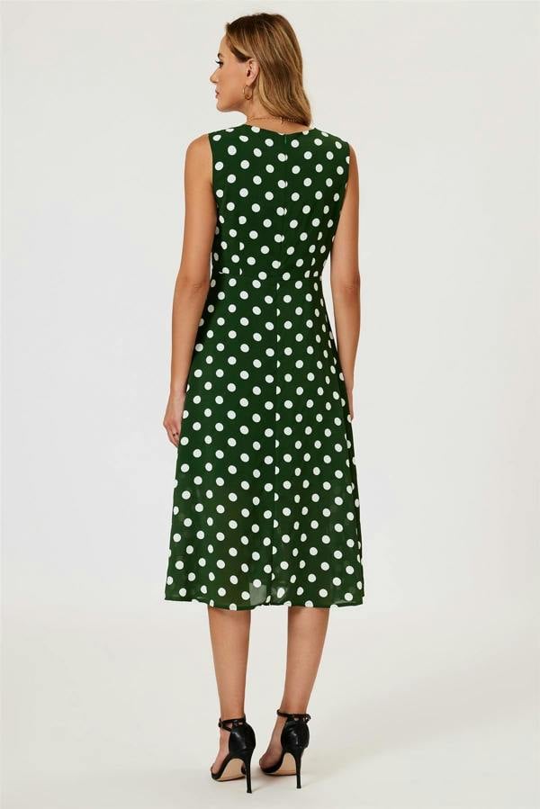 FS Collection Polka Dot Print Heart Neck Midi Green