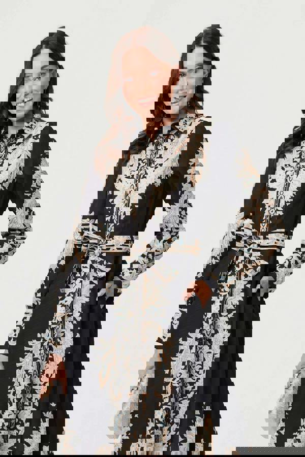 Black | Floral Border Tie Waist Midi Dress