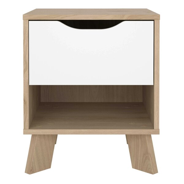 Wyld Haus Hobro White and Natural Oak Wood Nightstand 1 Drawer