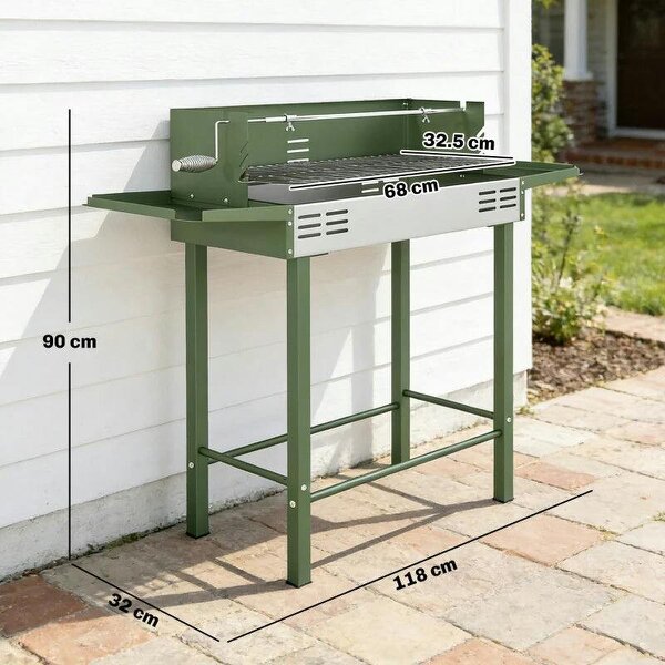 Bobobiy BBQ Rotisserie Grill Roaster Charcoal Spit Roasting Machine for Chicken Turkey with 3-Level Grill Grate, Side Shelves, Dark Green
