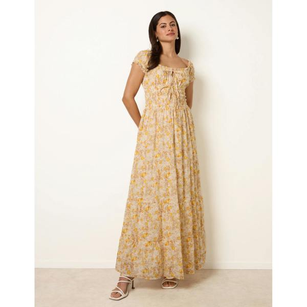 Blue Vanilla Double Front Tie Shirred Ditsy Floral Maxi Dress