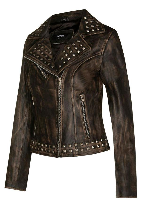Infinity Leather Womens Gothic Biker Leather Jacket with Studs-Bilbao