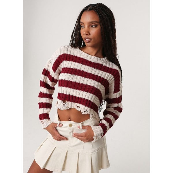 Pink Vanilla Distressed Striped Crop Knit Jumper