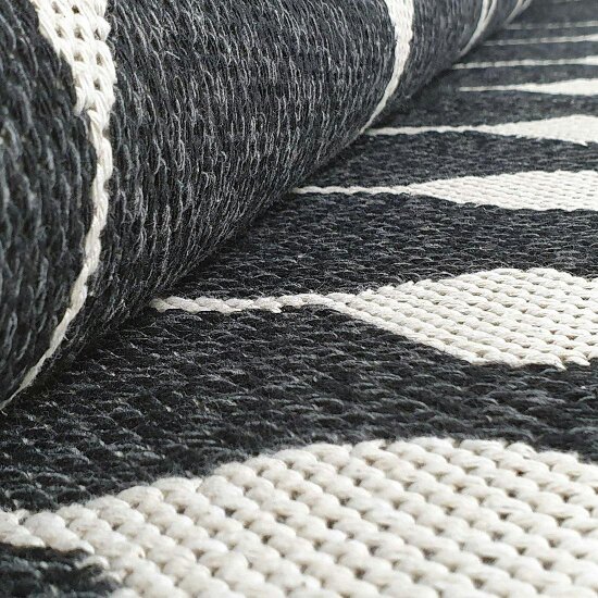 Modern Black Rug 100% Cotton Washable Large Small Living Room Carpet Diamond White Cream Pattern Flat Woven Mat