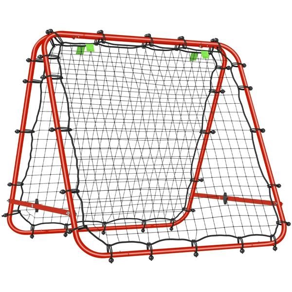 Red football rebounder net with double-sided mesh and adjustable-angle frame