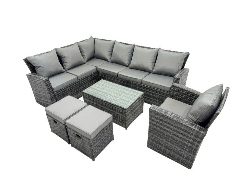 Fimous 9 Seater High Back Rattan Garden Furniture Set Corner Sofa With Oblong Coffee Table Footstool With Chair