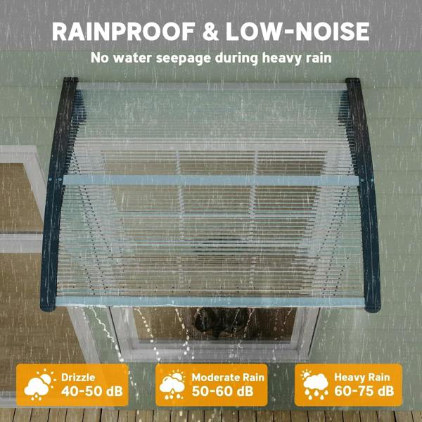 Front door canopy awning with clear polycarbonate panel and water-shedding surface