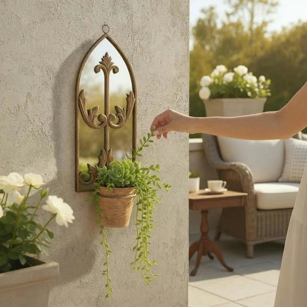 60cm RUSTY WALL MIRROR WITH SINGLE PLANTER