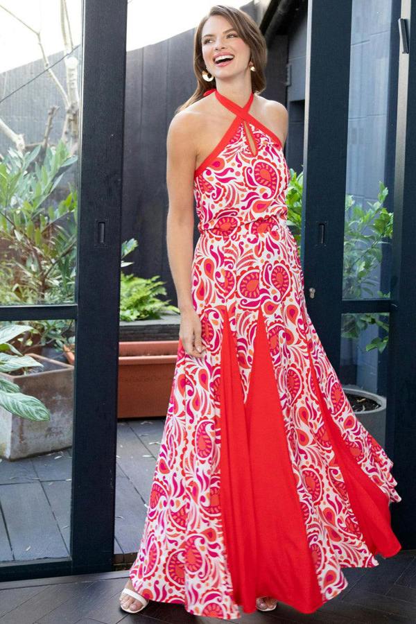 HotSquash Halter Neck Maxi Dress with Contrast Panels