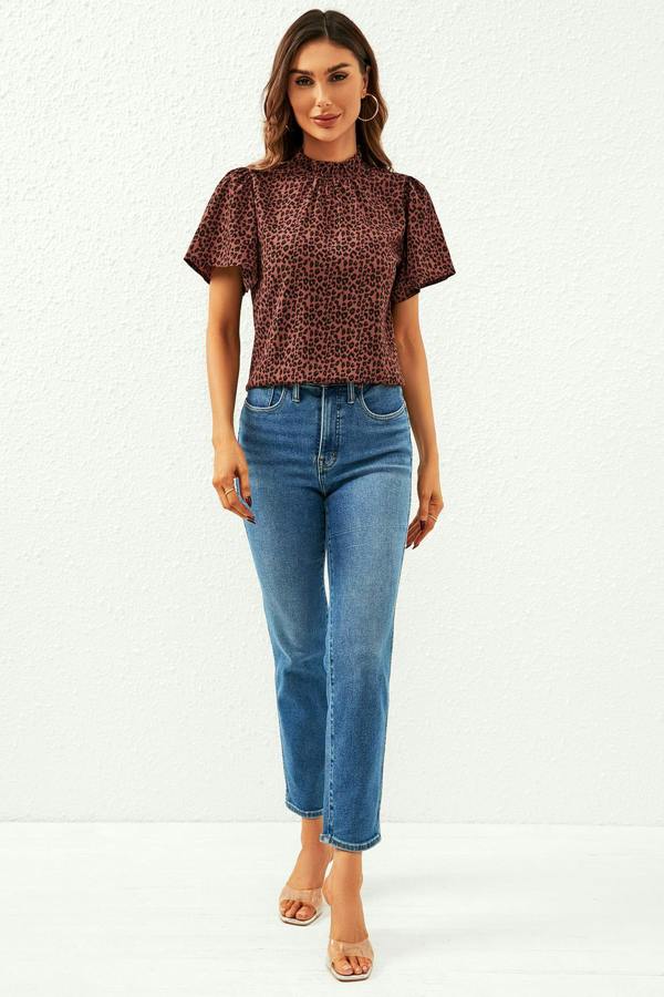 FS Collection Leopard Print Angel Sleeve High Neck Top/Blouse In Rusty