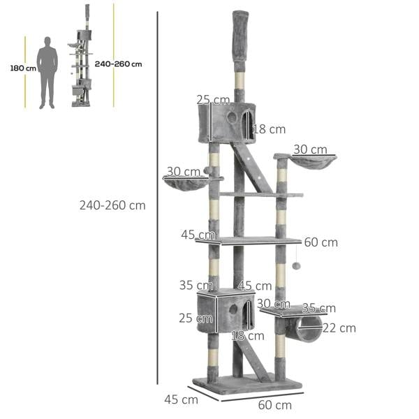 Adjustable height floor-to-ceiling cat tree diagram with size measurements for platforms and base