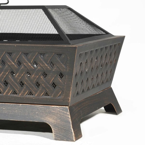 Rectangular Black Fire Pit Wood Burner - Modern Outdoor Garden Heater Mesh Lid - LoopsDirect