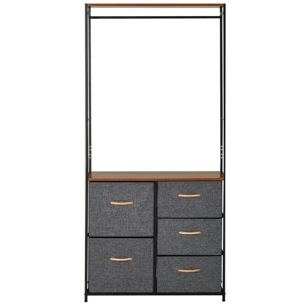 Front view coat rack dresser: black frame, brown top shelf, and 5 grey fabric drawers