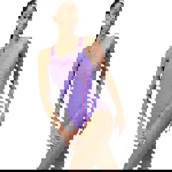 Purple Speedo Medley Logo Swimsuit with lavender nylon spandex and pink accents