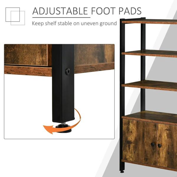 Industrial cabinet on adjustable foot pads, rustic brown two-door base and black frame