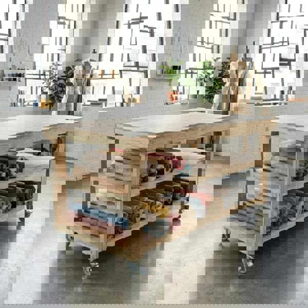 Arbor Garden Solutions Wooden Workbench Eucalyptus Hardwood Top Depth-3ft Double Shelf and Wheels