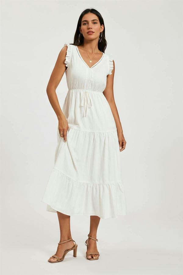 FS Collection Frill Sleeve Lace Detail Midi Dress In White