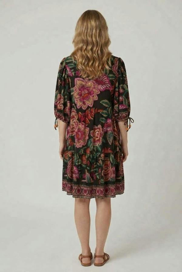 Black | Floral Relaxed 1/2 Sleeve Short Dress