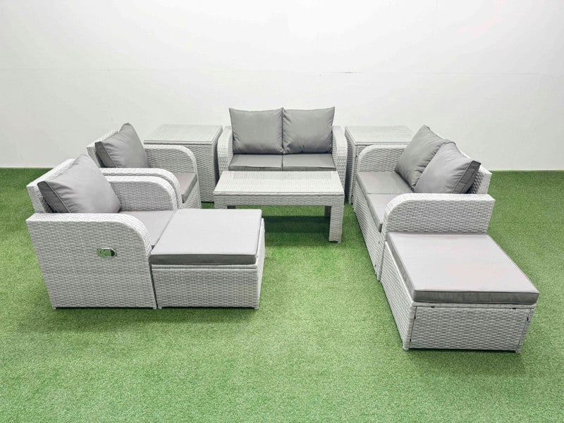 Fimous 8 Seater Outdoor Reclining Chair Love Sofa Set Rattan Garden Furniture Set with Oblong Coffee Table 2 Big FootStools  2 Side Table Light Grey