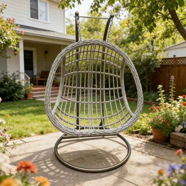 Fimous Indoor Outdoor Hammock Patio Rattan Two Seater Egg Hanging Chair Garden With Grey Thick Cushion