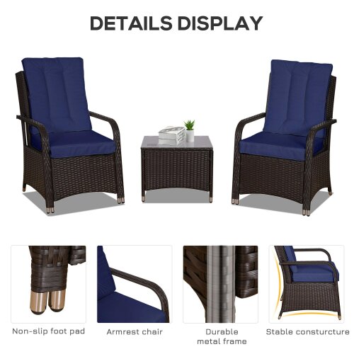 Wyld Haus Rereha Dark Blue Rattan 3 Piece Bistro Set With Glass Table And Protective Cover