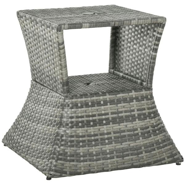 Grey wicker rattan coffee table with umbrella hole and open storage shelf