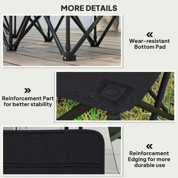 Black folding camping chair with reinforced bottom pad and durable edge stitching