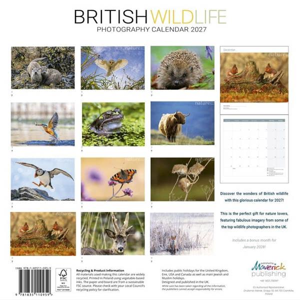 British Wildlife Photography Calendar 2027, Wall Calendars, Month To View, Animals, Gift