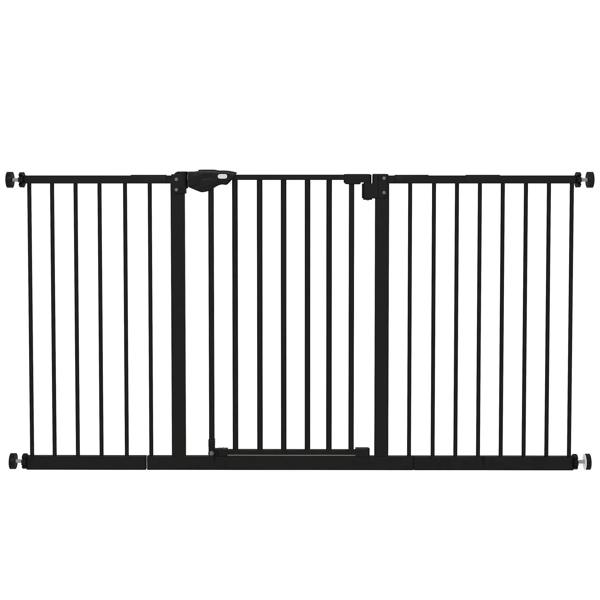 Black adjustable safety gate with vertical bars and hinged panels