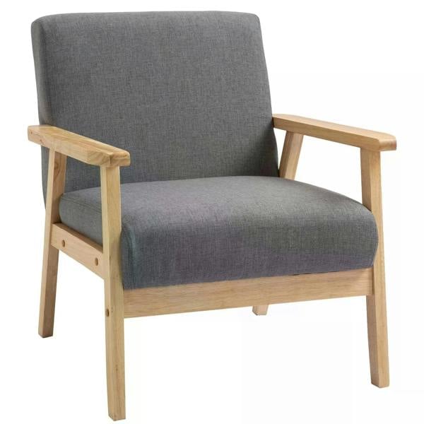 Grey upholstered accent chair with padded seat and light wood frame