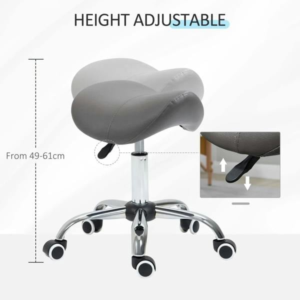 Grey height-adjustable saddle stool, faux-leather seat on chrome pedestal with casters