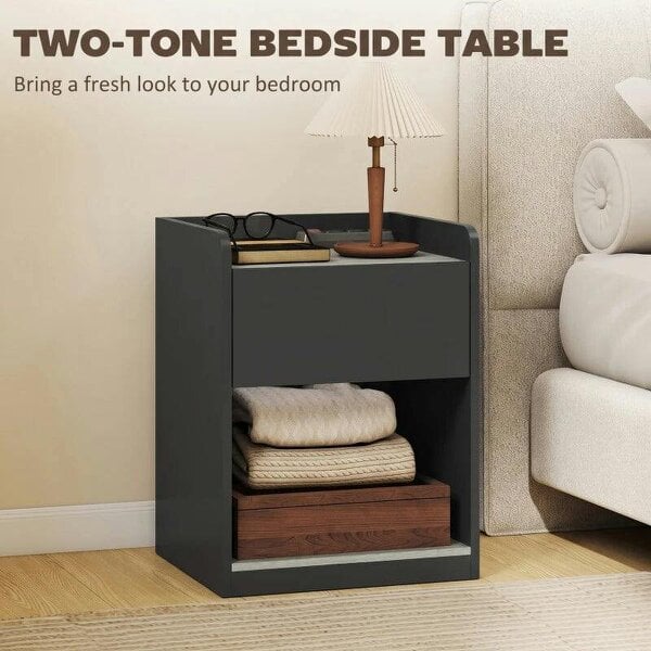 Modern Bedside Table, Slim Nightstand with Drawer, Shelf and Cable Holes, Black and Grey Wood Effect