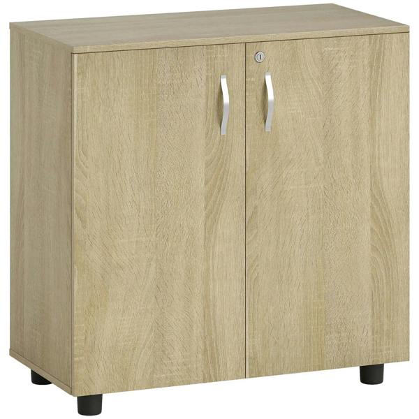 Oak office storage cabinet with two doors, curved handles and key lock on top rail