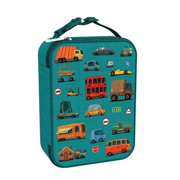 A rectangular teal lunchbox showcases colorful cartoon vehicles including cars, buses, and trucks with road signs such as "Stop" and "A68" in a playful pattern.
