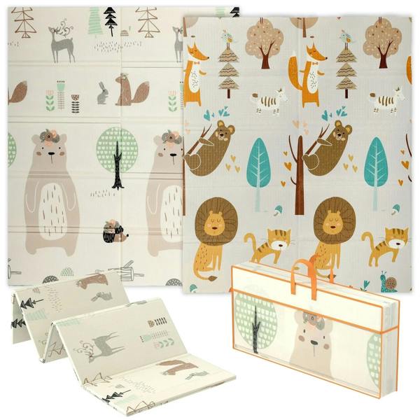 Multicolored double-sided foldable play mat with animal pattern, water-resistant design