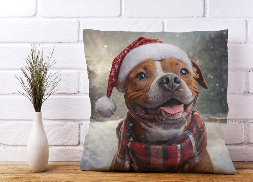 Warren Reed Snowy Christmas Staffordshire Bull Terrier Cushion