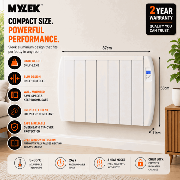 MYLEK Panel Heater Radiator 2000W Electric with Programmable Digital Timer