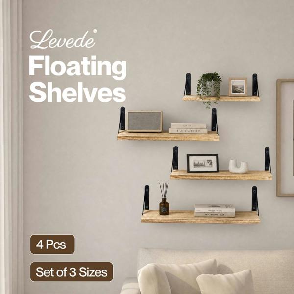 Levede Wall Mounted Floating Shelves Set of 4 Rustic Display Shelf Solid Wood