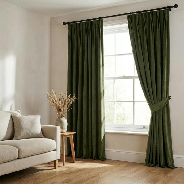 Braga made-to-measure curtains in Moss, styled in a living room