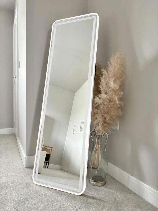 Downton Interiors Stunning White Rectangular Metal Frame LED Wall or Floor Standing Dressing Mirror 145cm x 45cm - Soho Collection