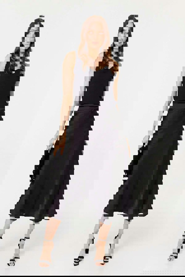 Black | High Waist A-Line Midi Slip Skirt