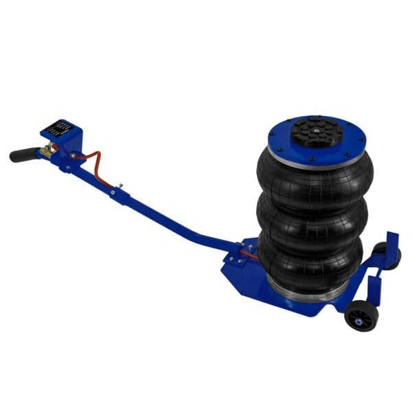 Air Bag Jack 3.5T with long lever handle, featuring three stacked black rubber bags and a sturdy blue metal base for stability