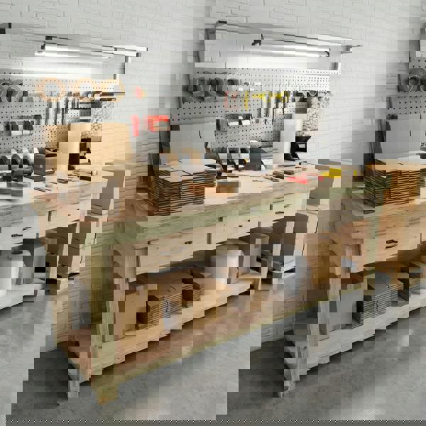 Wooden eucalyptus Top Workbench – Durable Tool Cabinet with Multiple Drawers, Ideal for Dry Indoor Spaces Such as Garages, Workshops, and Studios