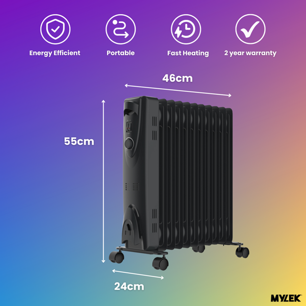 MYLEK Oil Filled Radiator 2500W Portable Heater Thermostat 3 Heat Settings Grey