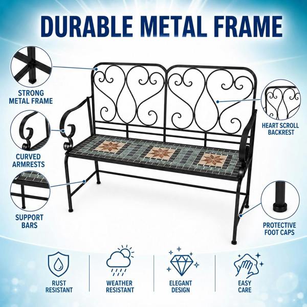 Marrakech Mosaic 2 Seater Garden Bench, 112cm Outdoor Patio Seat with Ceramic Tile Seat, Scrollwork Backrest & Metal Frame image 9